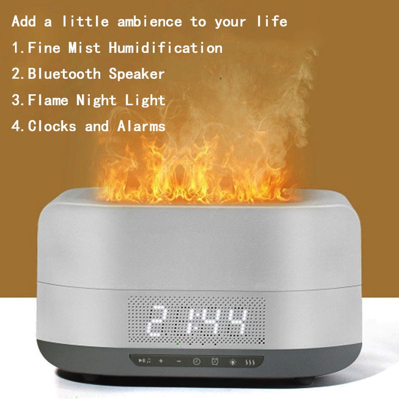 5 in 1 New Design Humidifier Flame Diffuser with Bluetooth Speaker Alarm Clock